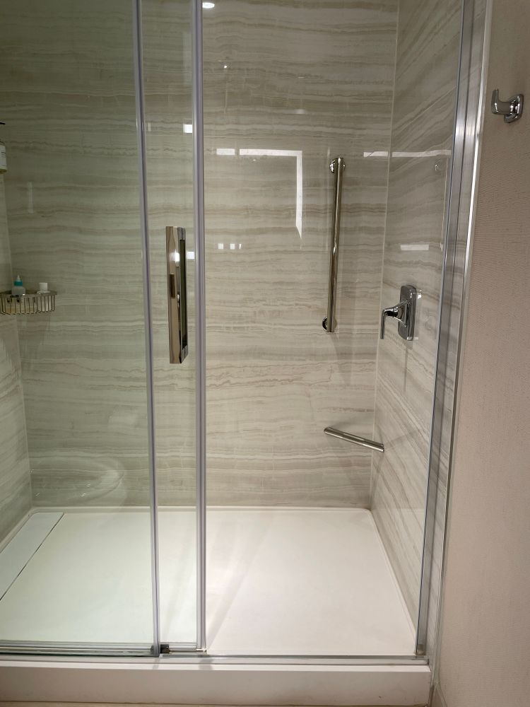 Image of shower from the Gaylord Palms in Kissimmee, FL. Of note is a short silver bar in the corner about a foot and a half from the ground. 