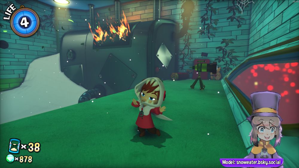Hat kid dancing in the spaceship hub while i look like a doofus with a Vtuber Hat Kid looking off to the side!