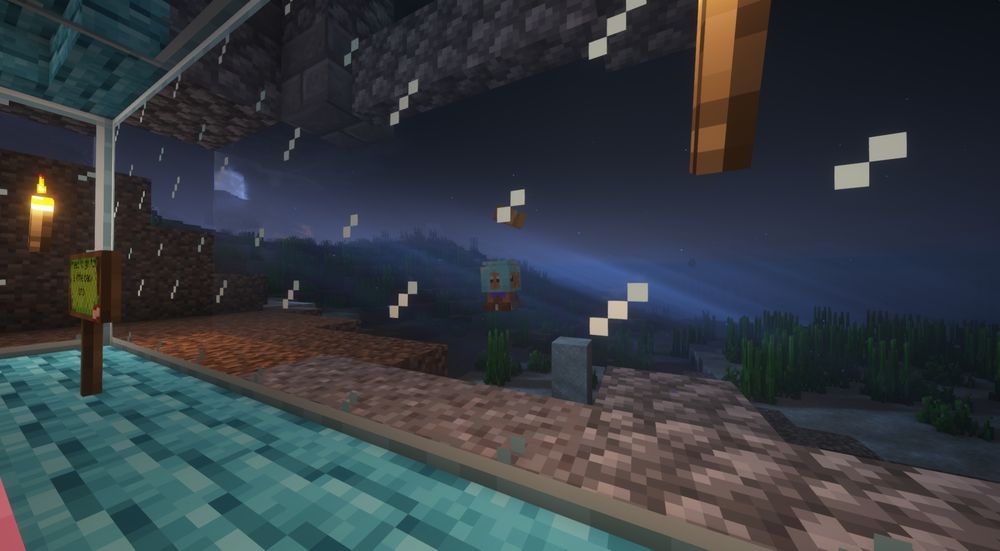 A minecraft screenshot in an underwater area with a large window looking out into the dark blue depths. 

A plushie of Nemmie the Fish "floats" in the water. In reality, Queenie the Crow took an invisibility potion and is holding the plushie.