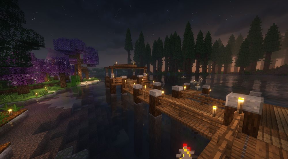 A minecraft screenshot of a portion of Devo's docks. Its made out of spruce, oak, and polished andesite. 

The sun can be seen starting to rise in the far distance through the redwood trees
