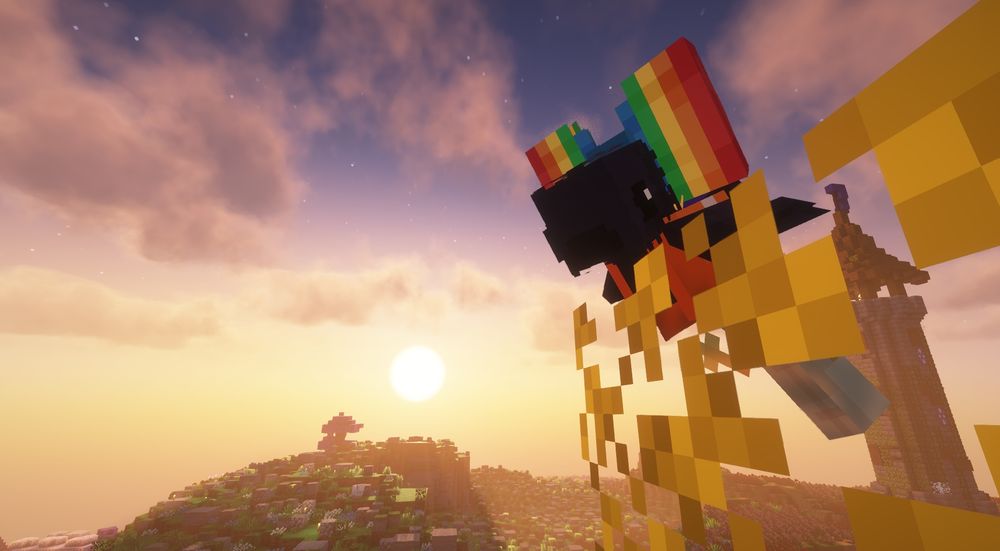 A minecraft screenshot of Jasper the Crow sitting on top of a silver birch tree (Biomes of Plenty mod) while the sun starts to set in the backgroud. He's looking down at the camera. 
He's wearing a rainbow bow and a gecko backpack (custom modded textures for MythCraft)