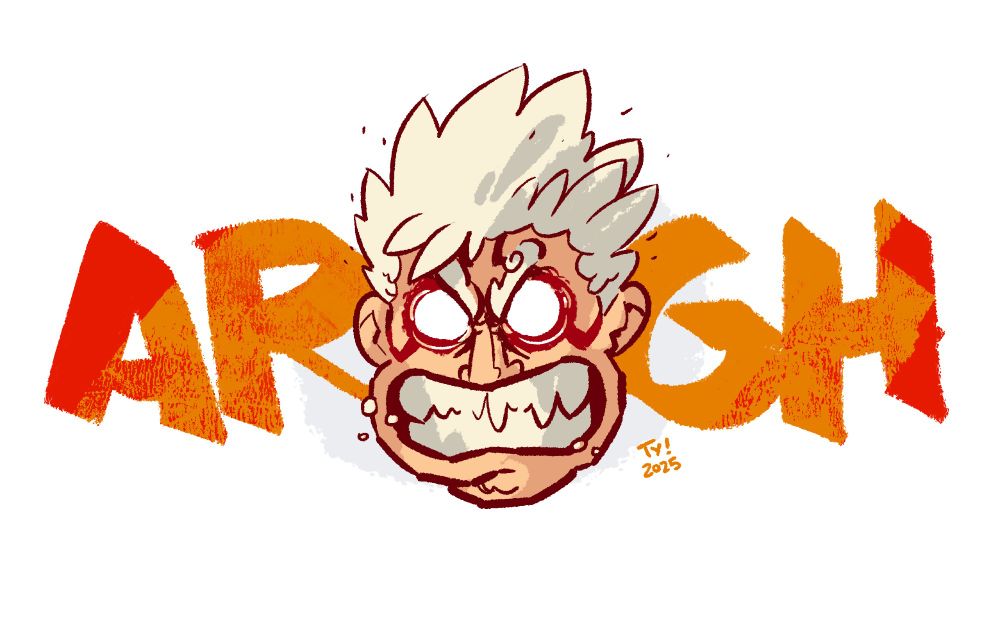 Cartoony face of a teeth-gritting Asura looking especially wrathful, with the large text "ARGH" as a backdrop