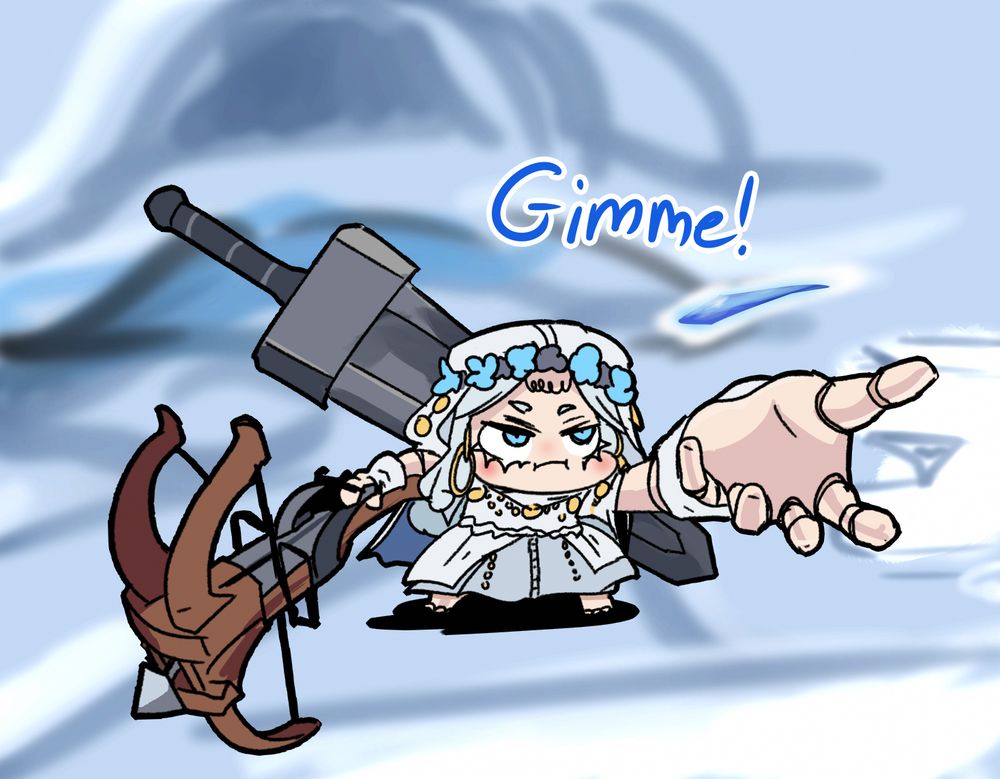 A small gremliny version of the revenant from elden ring nightreign demanding some yummy starlight shards. FEED HER