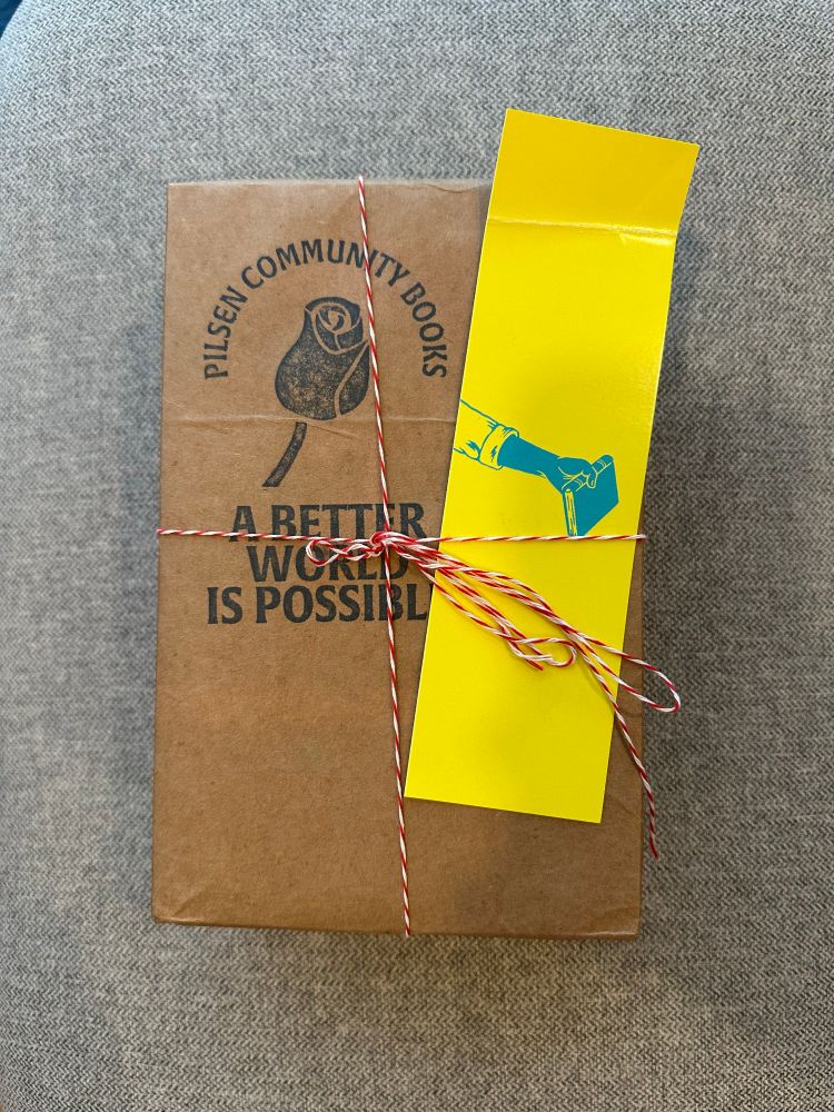 A picture of a stack of books wrapped in brown paper and wrapped with multicolored twine and a bookmark. Stamped onto the paper is the name of the bookstore “Pilsen Community Books” and the phrase “A better world is possible”. The text frames an illustration of a rose. 