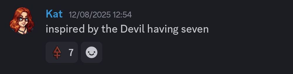 A discord screenshot of a comment reading "Inspired by the Devil having seven", with seven sulphur reacts
