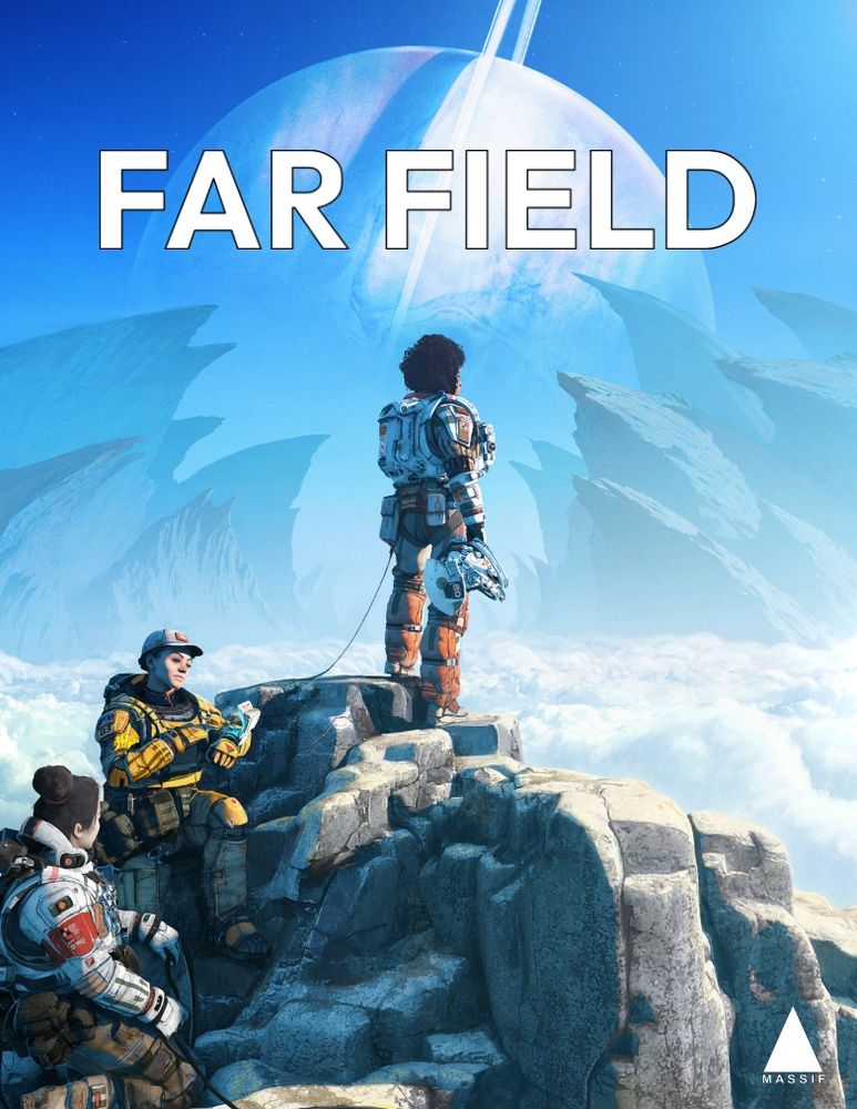 A space explorer with dark skin and hair stands atop a mountain with her colleagues. She holds her spacesuit helmet in her hand and looks out at the foggy alien landscape beyond, which contains great arching mountains and the partial disk of a ringed gas giant. The title, in large blocky font, is the words "FAR FIELD", and the Massif Press logo appears in the bottom right corner.
