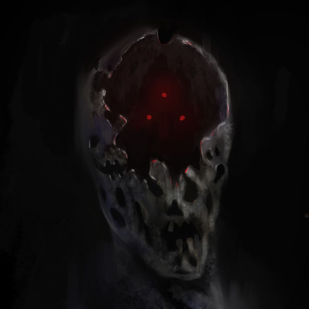 Artwork of an empty skull made of many faces, three orbs of light float inside of a hole in the skull head making a triad. 