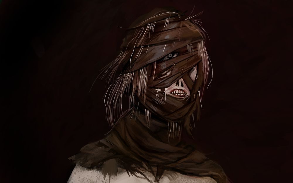 A digital drawing of an old creepy man, covered in rags, hair comes out of different parts of his wrap. It barely shows his smile and one eye. 