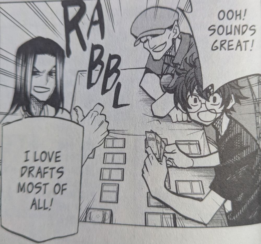 A panel from the manga "Destroy all Humans they can't be regenerated." It shows 3 people around a gaming table, looking overjoyed. Speech bubbles say "Ooh sounds great! I love drafts most of all."