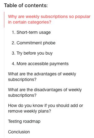 
Table of contents:

    Why are weekly subscriptions so popular in certain categories?
        1. Short-term usage
        2. Commitment phobe
        3. Try before you buy
        4. More accessible payments
    What are the advantages of weekly subscriptions?
    What are the disadvantages of weekly subscriptions?
    How do you know if you should add or remove weekly plans?
    Testing roadmap
    Conclusion 