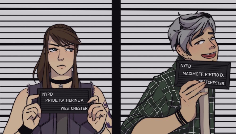 A version of the “Barbie Movie Mugshot” meme, with a 90’s version of the X-Men characters Kitty Pryde and Pietro Maximoff. 