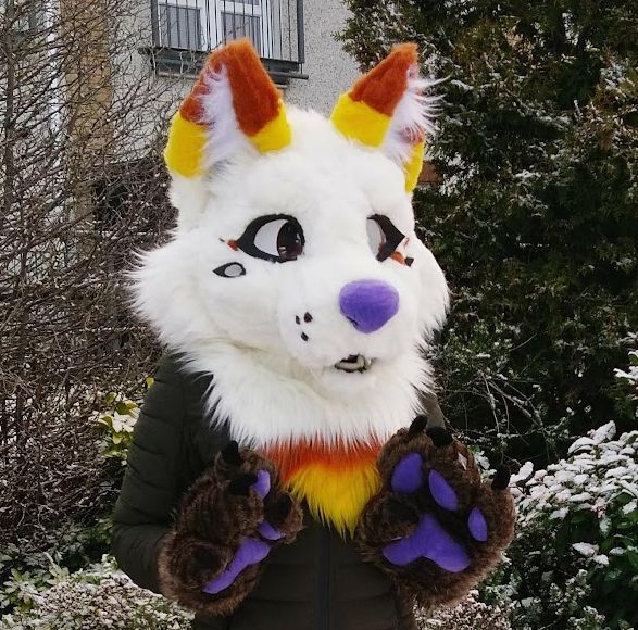 photo showing off Leaf 1.0, owner of account is wearing a fursuit head and paws. Background shows snow on some trees and bushes.