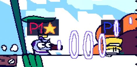 Player 1 (in the Star team) blowing away Player 3 with the Windblowver item. All the item does is blow opponents away, which makes it extremely useful in gamemodes where getting direct kills on the opponents isn't the main objective.