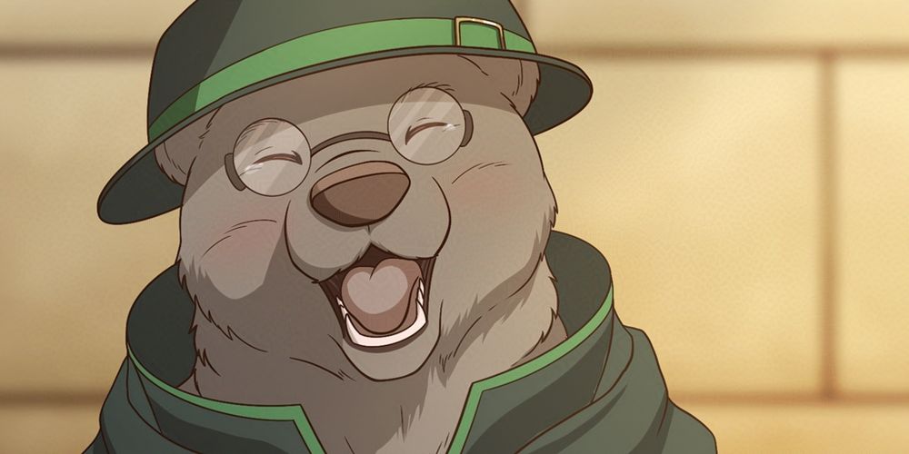 A brown bear, a big mammal with thick brown fur wearing a hat and long robes laughing with his mouth open and eyes full of mirth 