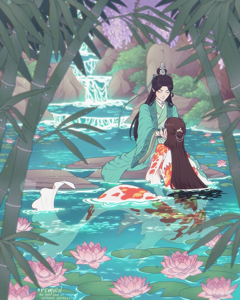 SVSSS fanart; in the middle of the quiet pool, (original) shen qingqiu sits on a rock and holds mer!shen yuan's face, while he is mostly submerged in the water. they are surrounded by lotus flowers, there is a waterfall behind them, and bamboo in front.
