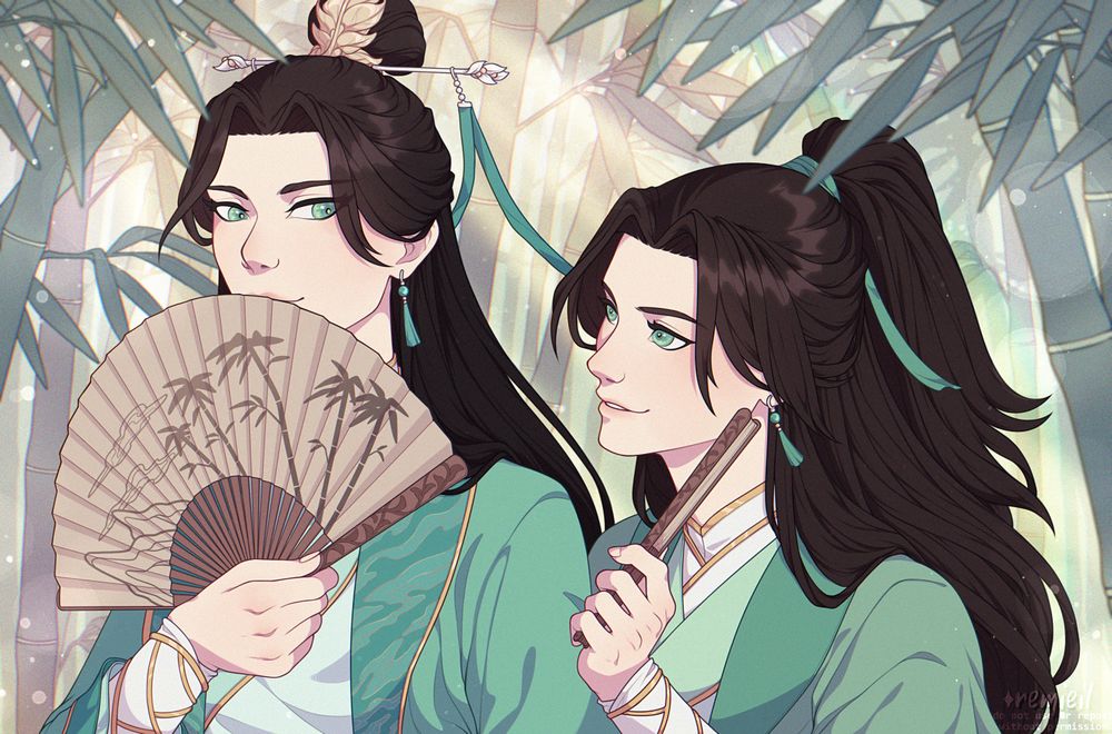 fan art of Shen Qingqiu (svsss) with Shen Yuan (transmigrated as a Qing Jing Peak disciple) in the bamboo forest