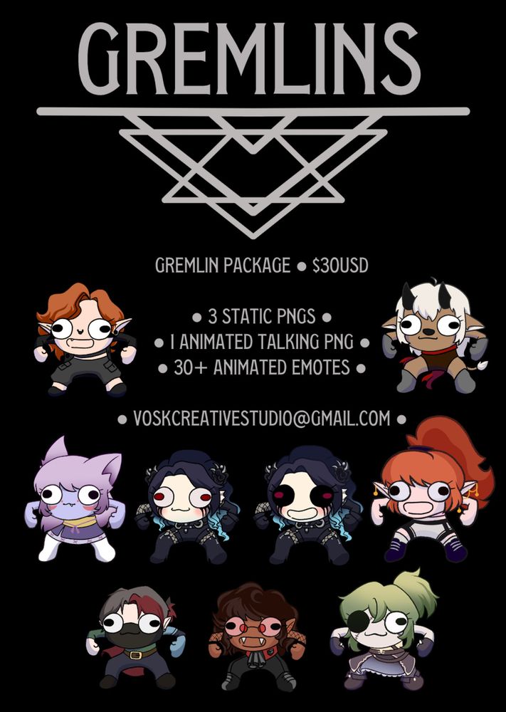 Graphic showing commission info for Gremlin icons. They are scrungly little guys, and you get a whole package deal for $30USD it’s a steal!