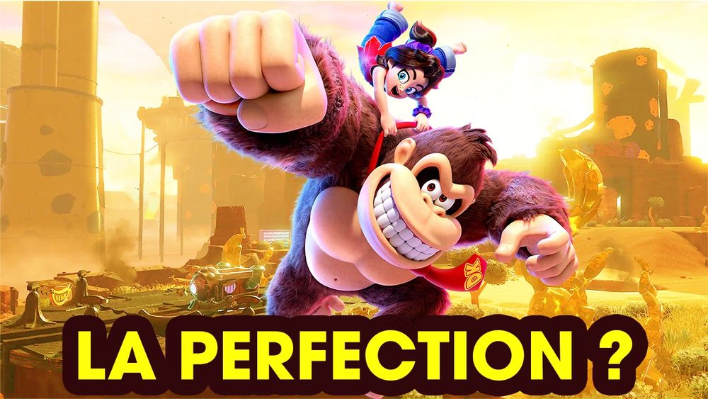 Donkey kong et pauline sur fond jaune avec écrit "La perfection ?" en bas