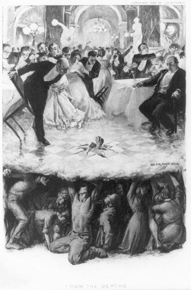 “From the depths” by William Balfour-Ker. A lavish party of the wealth is interrupted by an upraised fist breaking through their dance floor; underneath we can see the entire party venue is built on the shoulders of the marginalized and lower classes. 