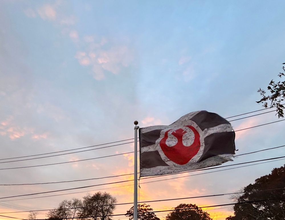 A Rebel Alliance flag with the sunset in the background 