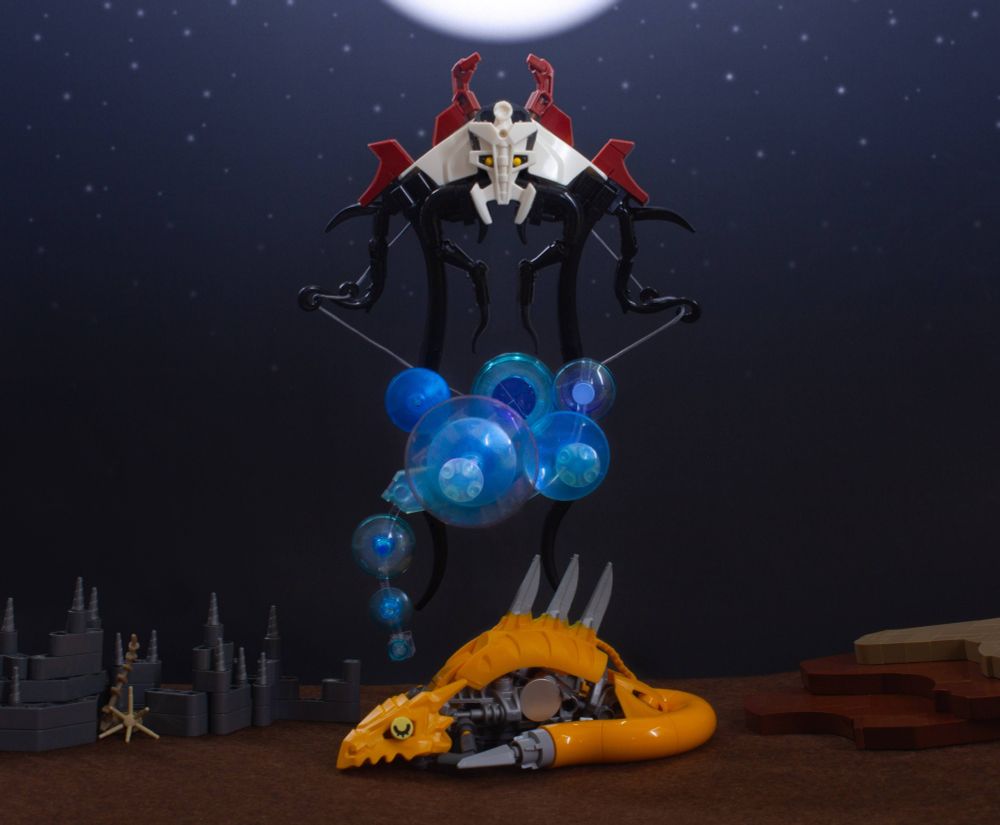 a Lego spider-like creature floats above a robot lizard sleeping in a desert environment. the moon floats high above, illuminating the scene. the Dreamweaver is using its many legs to weave a glowing blue cloud, a dream, for the lizard.