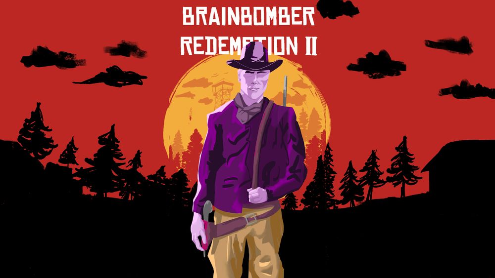 A parody of the red dead redemption 2 cover art featuring brainbomber100 and extended for use as a yt thumbnail 