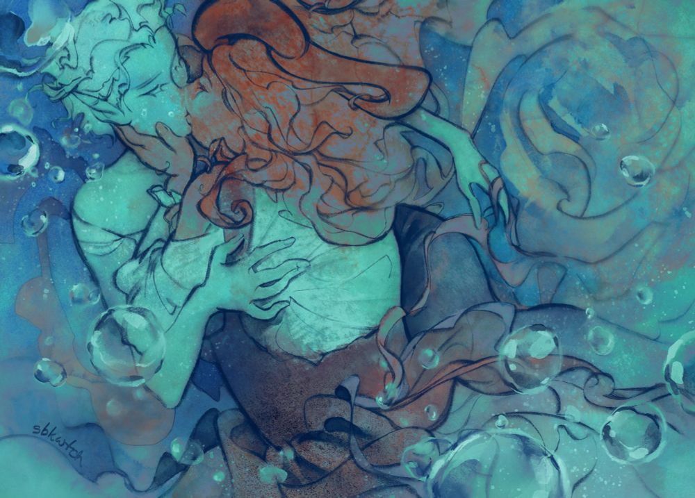 a female half-elf and a female tiefling kissing underwater, bubbles around them