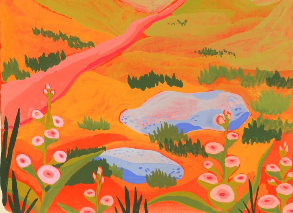 a close up on the painting. the colours are warm and you can see a path, rocks and flowers. 