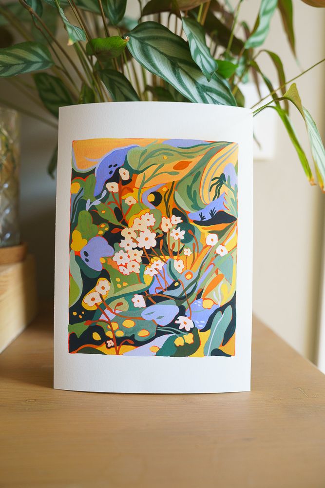 the mouse-ears print. a semi abstract painting of mouse-ears which are alpine flowers. 