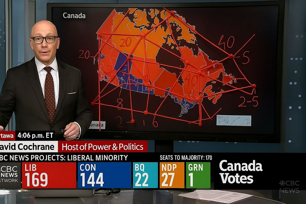 AI Generated / edited image of Canadian election map with strings added similar to the always sunny in Philadelphia episode where Charlie works the mail room.