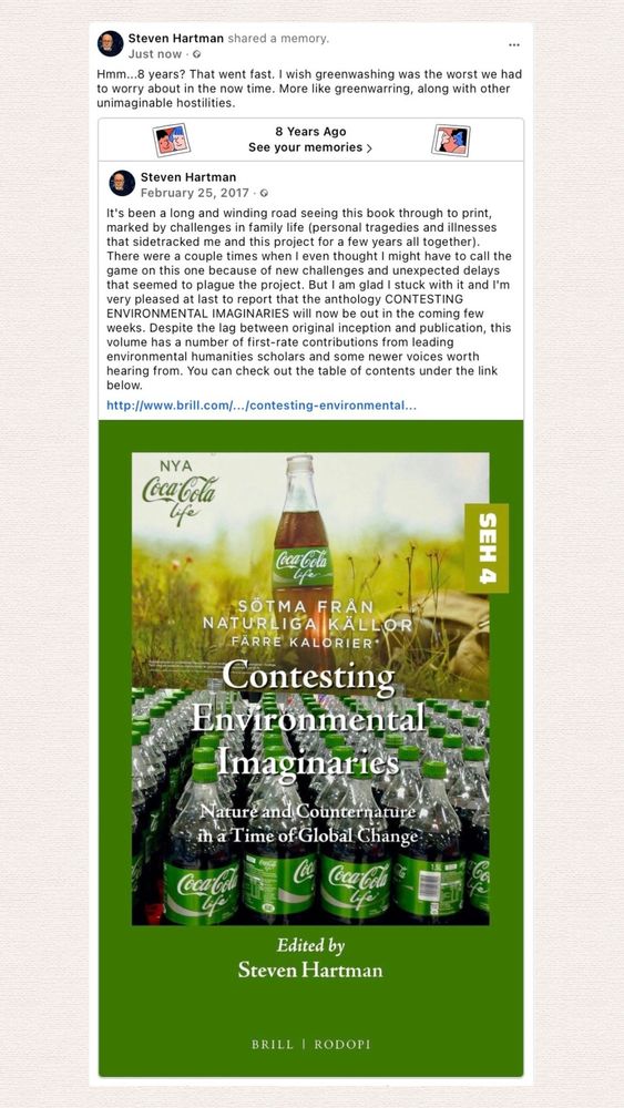 Image of a post shared from 8 years ago announcing the publication of the volume Contesting Environmental Imaginaries (2017), ed. Steven Hartman.
