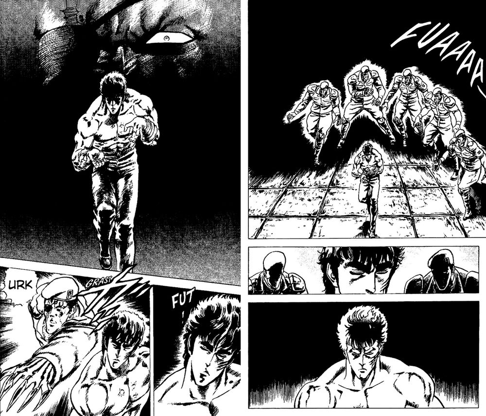 Kenshiro fighting Colonel. Ken has closed his eyes, and Colonel stalks around him. Ken can still sense his looming presence, and dodges Colonel's claws by craning his neck to his left and lowering his shoulder.