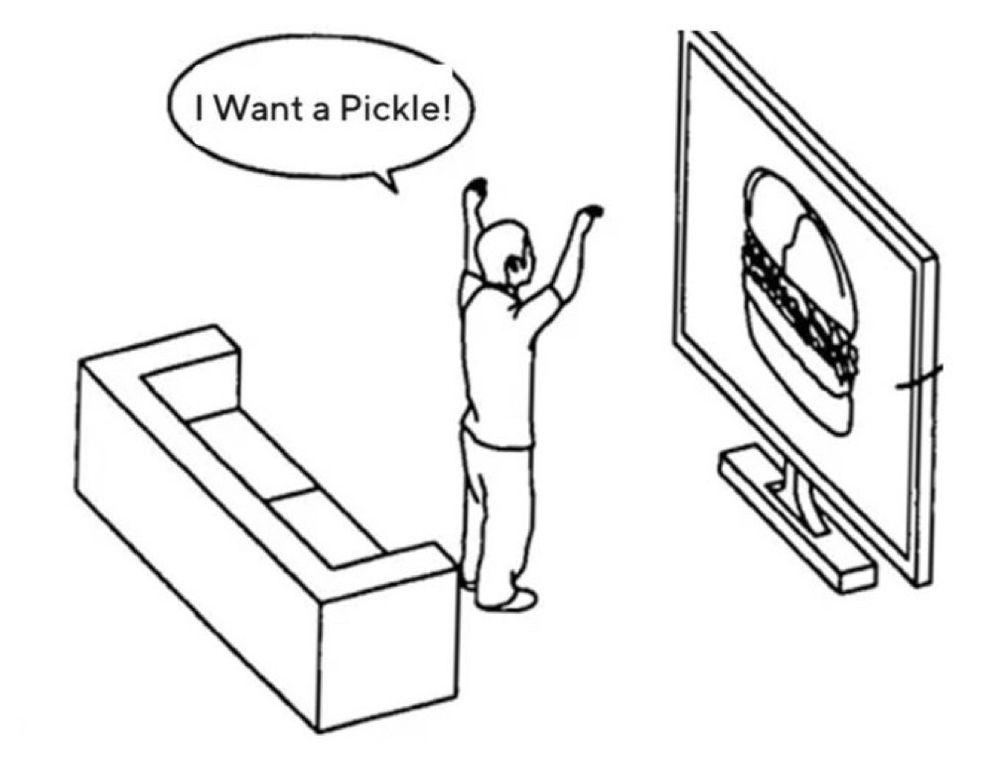 A patent drawing of a person watching TV, standing up from their couch and saying "I Want a Pickle!" with their hands up. A burger is shown on the TV.