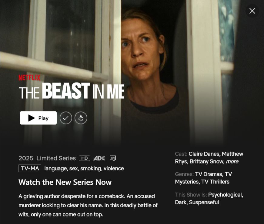 screenshot of Netflix series The Beast in Me, shows Claire Danes looking out a window. An unflattering photo.