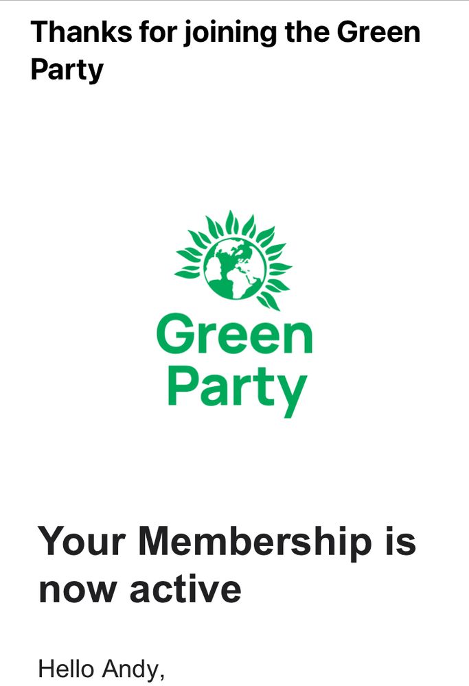 My membership confirmation for The Green Party. 