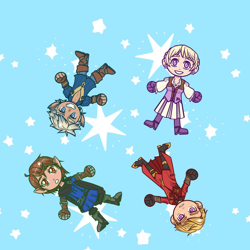 A picture of four chibi OCs based on FFXIV - one lalafell, one elezen and two hyur - on a light blue background, all at jumble angles like they've been shaken in a box.
