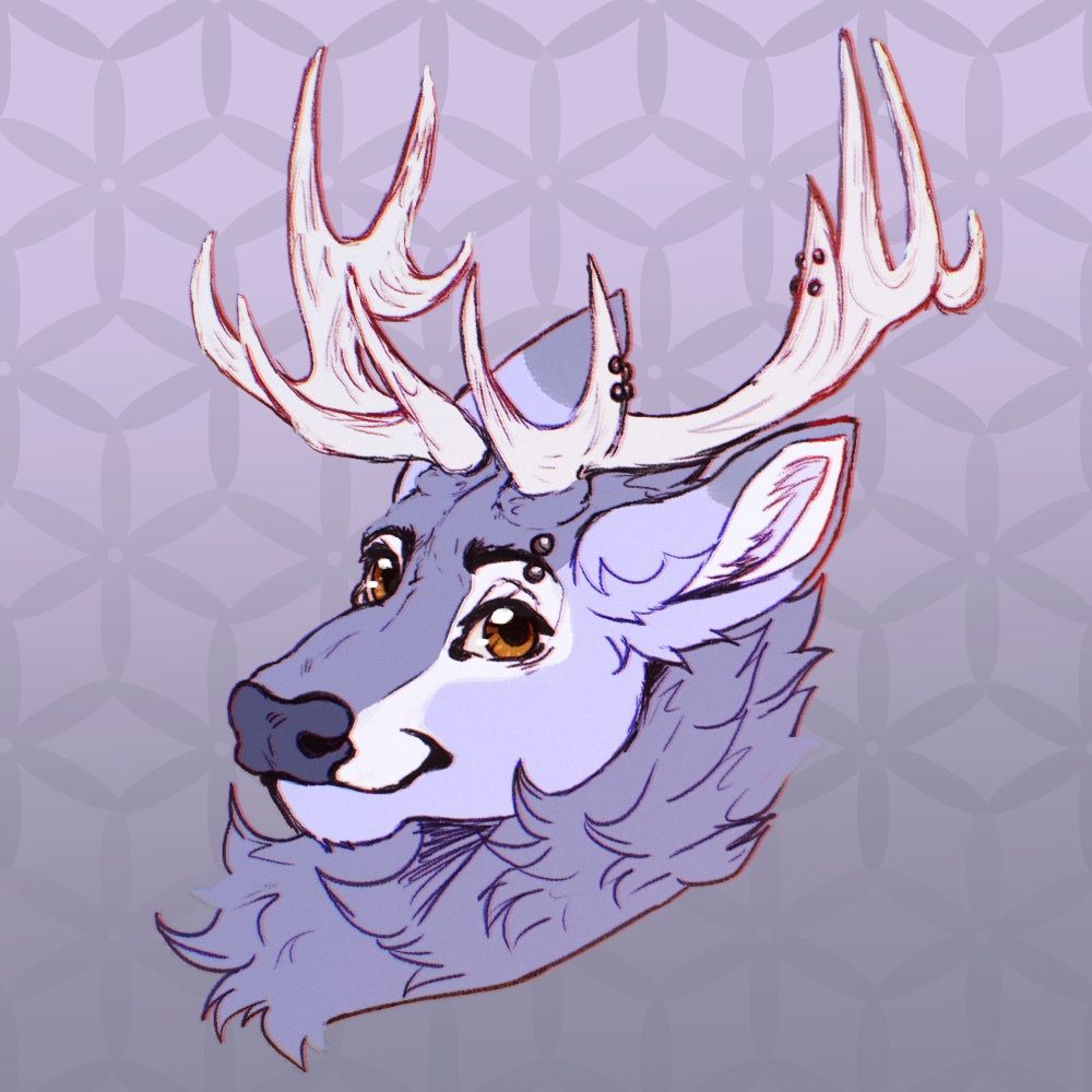 Head shot art piece of a purple elf fursona