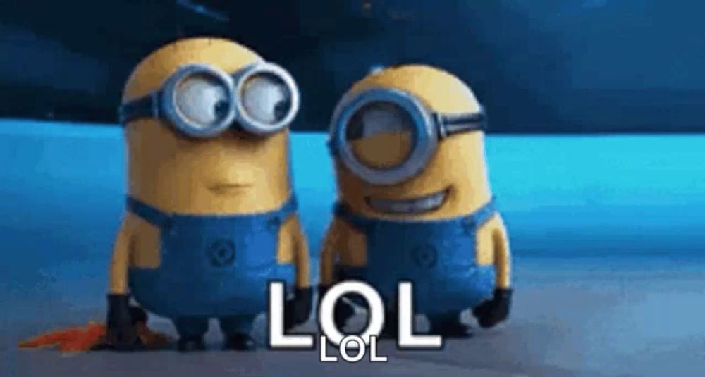 two minions wearing goggles are standing next to each other and laughing .