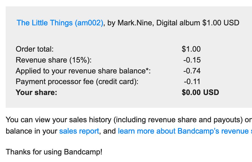 A comical yet depressing screenshot of a purchase made towards a music album that, after the revenue share, existing balance, and payment processor fee, equates to $0.00 towards the starving artist.