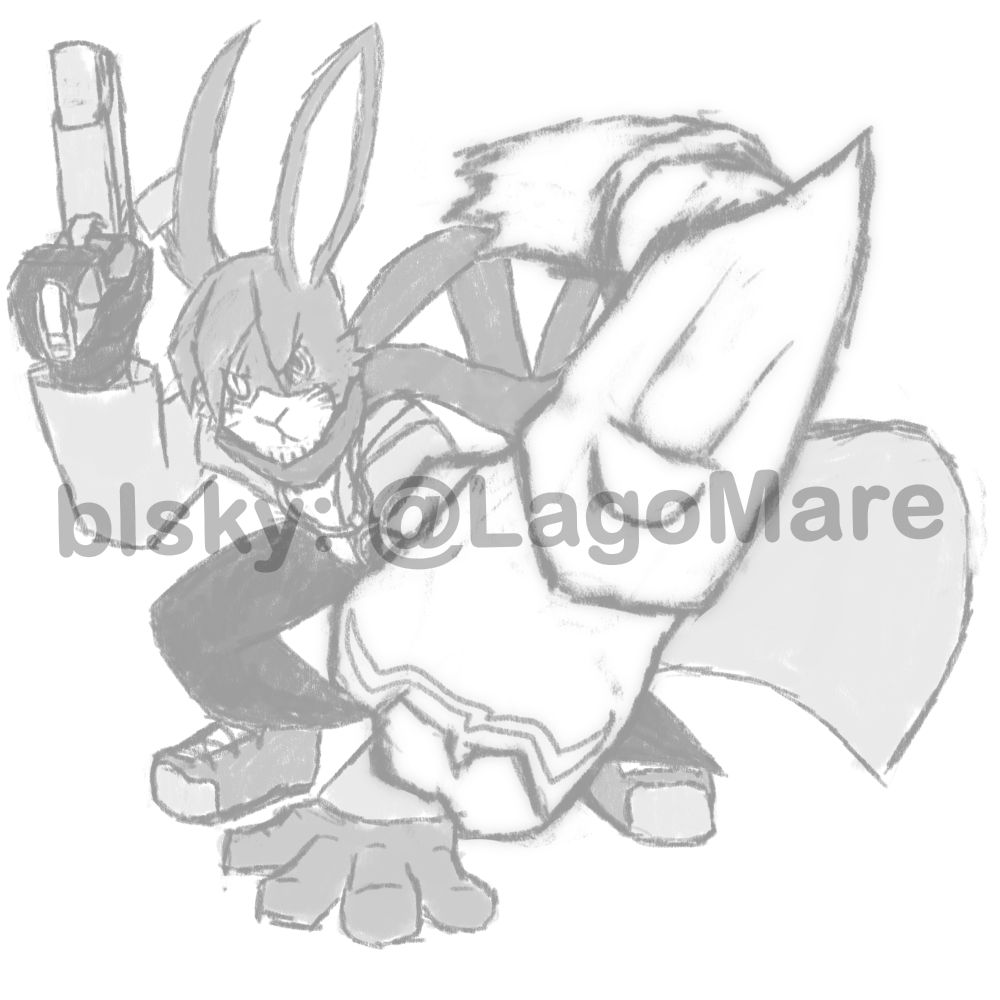 A male, anthropomorphic rabbit character posed in a crouched stance with the left arm as support, the other holding a handgun, and his face has a stern expression. The character is wearing an ankle-length coat swept up by the wind, black pants with running shoes, a long scarf fluttering behind, a fingerless glove on his right hand, and an amulet hanging from his neck. A ghostly arm is wrapped from behind to the front, covering part of the character protectively.