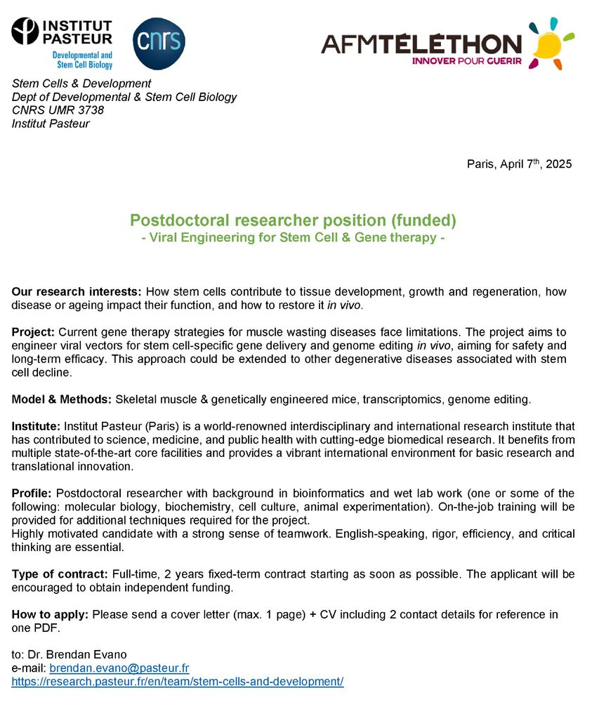 Postdoctoral research position in Institut Pasteur