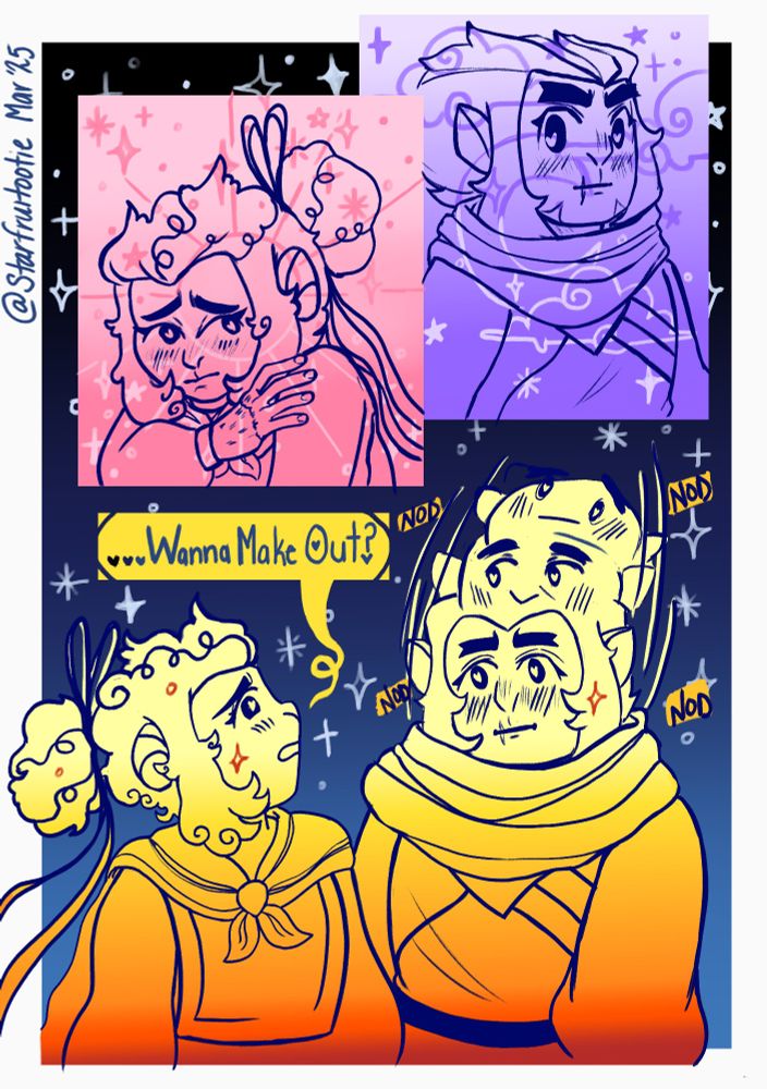 Assortment of colors and gradients. On top are to panels, with Wukong looking up at Macaque and Macaque looking down at Wukong. Both with hearts in their eyes.
Bottom are both standing next to each other.
Wukong apprehensively asked,"...Wanna Make Out?"
Macaque responded with a vigorously yes by nodding his head up and down.