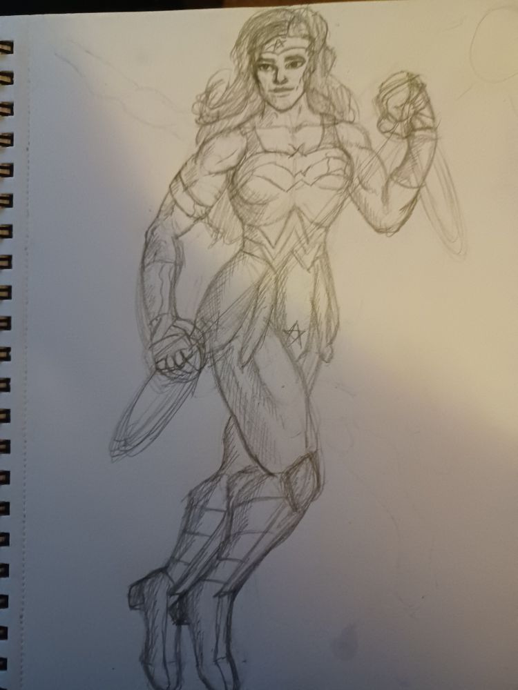 A sketch art of Wonder Woman, gently flying with her Lasso of Truth between both hands