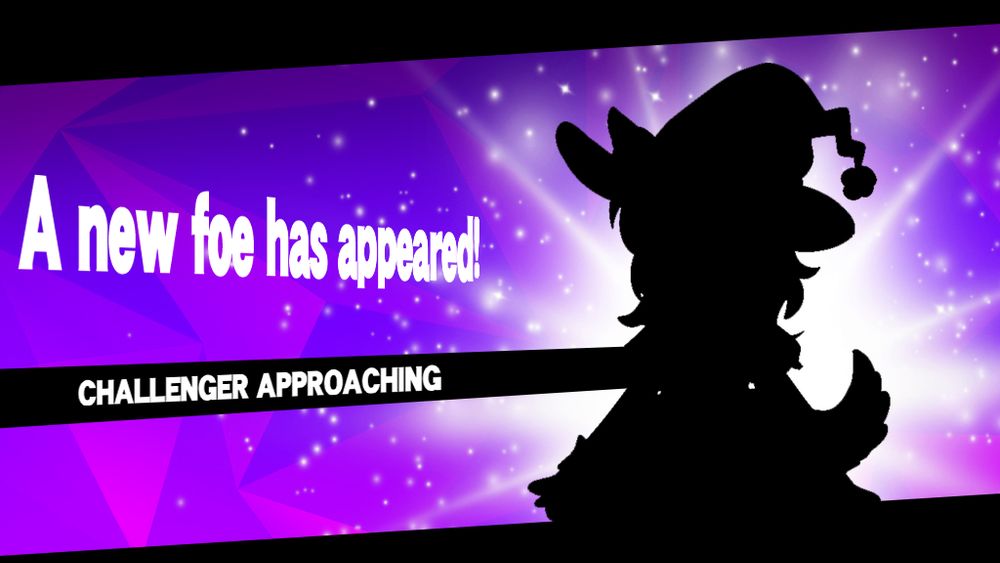 A Super Smash Bros Ultimate styled challenger appeared screen, with the text "A new foe has appeared!" and "Challenger Approaching" below. To the right there is a silhouette of an unknown character.