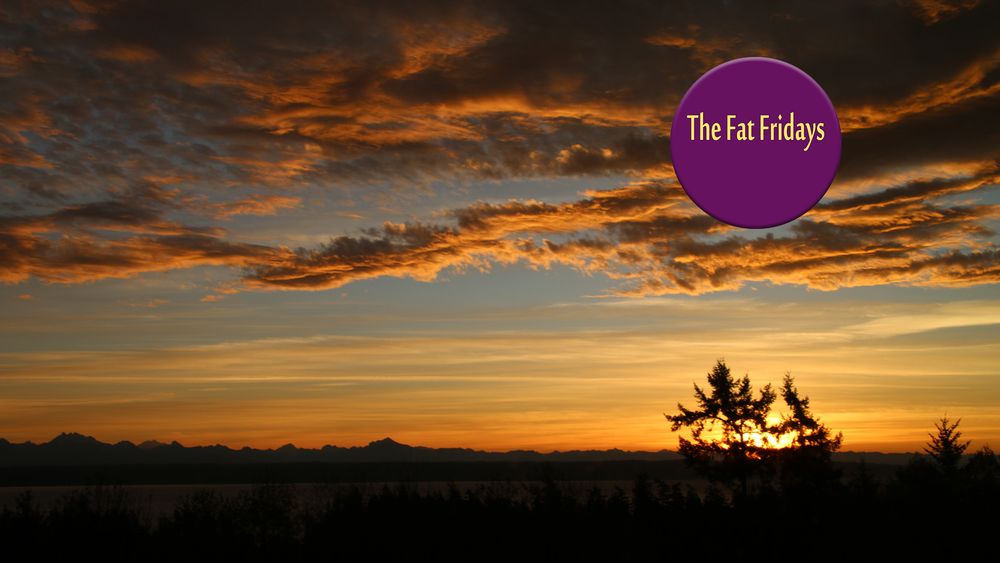 Photograph of sunrise, with teh sun coming up behind a tree, with the logo for The Fat Fridays band superimoposed.