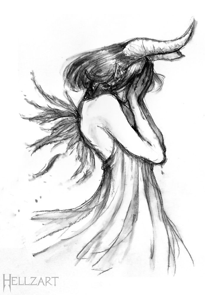 traditional artwork using charcoal and water; depicting a female figure in profile with horns, one of which is halfway broken off, and remains of smoldering wings; she seems to be crying or hiding her face, her hands are stained and liquid runs down her arms;

vent art, emotional illustration, grayscale, black and white