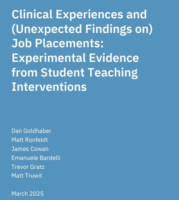 New CALDER Working Paper: Clinical Experiences and (Unexpected Findings on) Job Placements: Experimental Evidence from Student Teaching Interventions) by Dan Goldhaber, Matt Ronfeldt, James Cowan, Emanuele Bardelli, Trevor Gratz, & Matt Truwit.