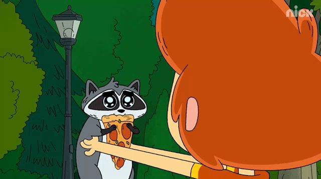 a cartoon shows a raccoon holding a slice of pizza in its mouth