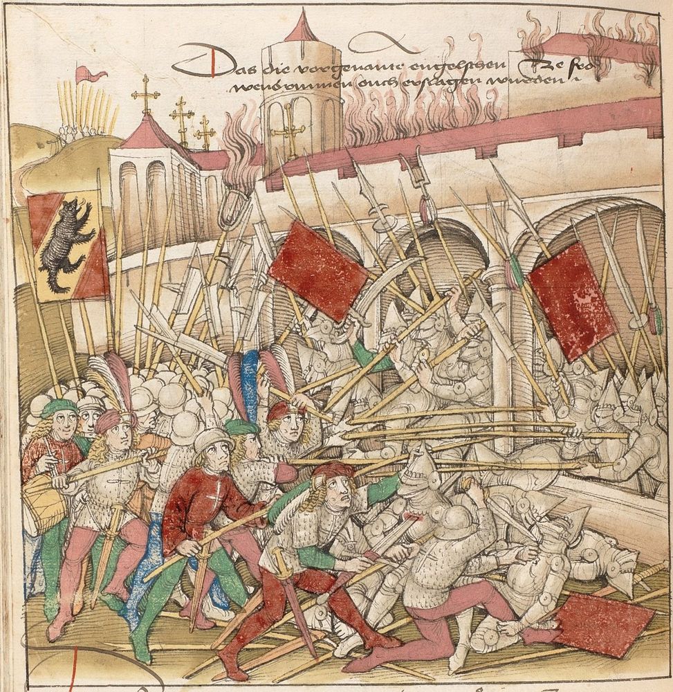 Militia from the Oath Alliance of the Alps attack knightly forces in an abbey during the 1375-76 Gugler War. From a 1400s Bernese chronicle.