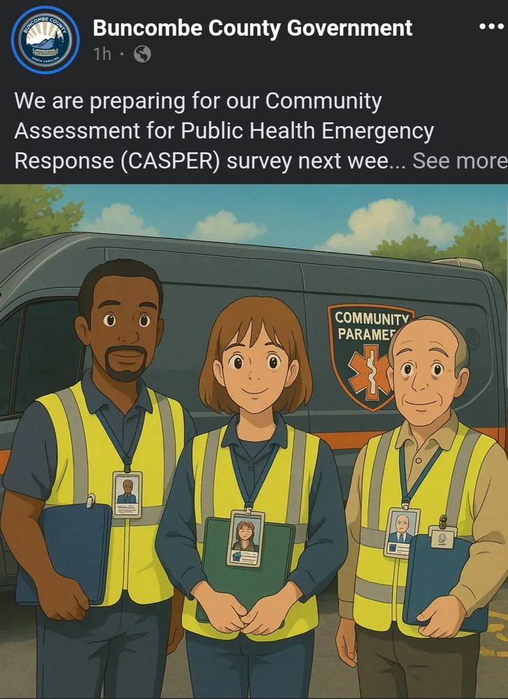 A screenshot of a post from Buncombe County government about a post-Helene survey, using that terrible "Ghibli"-style "AI" dreck depicting several survey-takers.